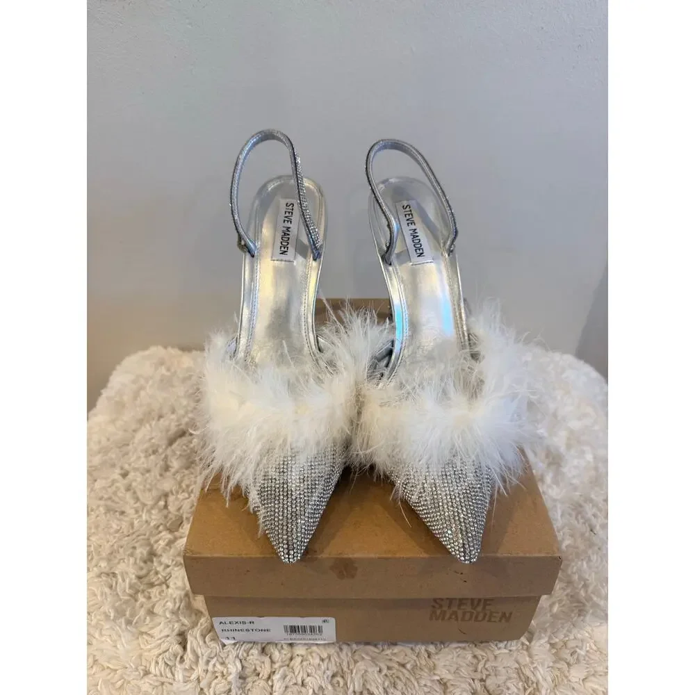 Steve Madden Silver Rhinestone Slingback Pumps with White Feather Trim Size 11 - Picture 2 of 9